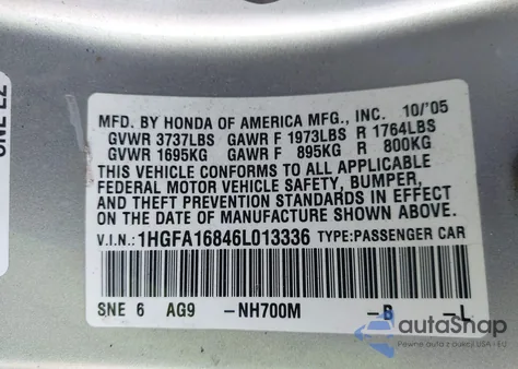 2006 Honda Civic Ex z USA, uszkodzony, nr VIN 1HGFA16846L013336